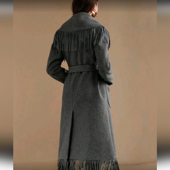 Women's Winter Fringed Decorated Oversized Lapel Melton Jacket, New Year Outfit - Picture 3 of 14